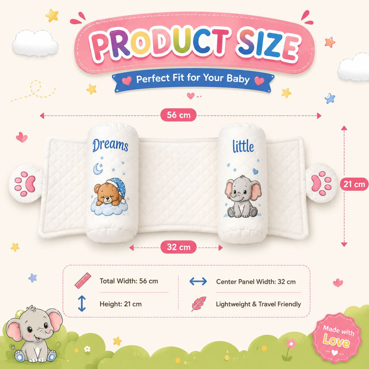 Nestush adjustable baby head pillow product size guide showing a total width of 56 cm, height of 21 cm, and center panel width of 32 cm, with a lightweight and travel-friendly design