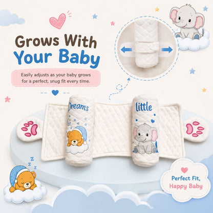 Nestush adjustable baby head pillow showing how the width can be adjusted as the baby grows, with a close-up of the adjustable fastening and the pillow’s soft, supportive design