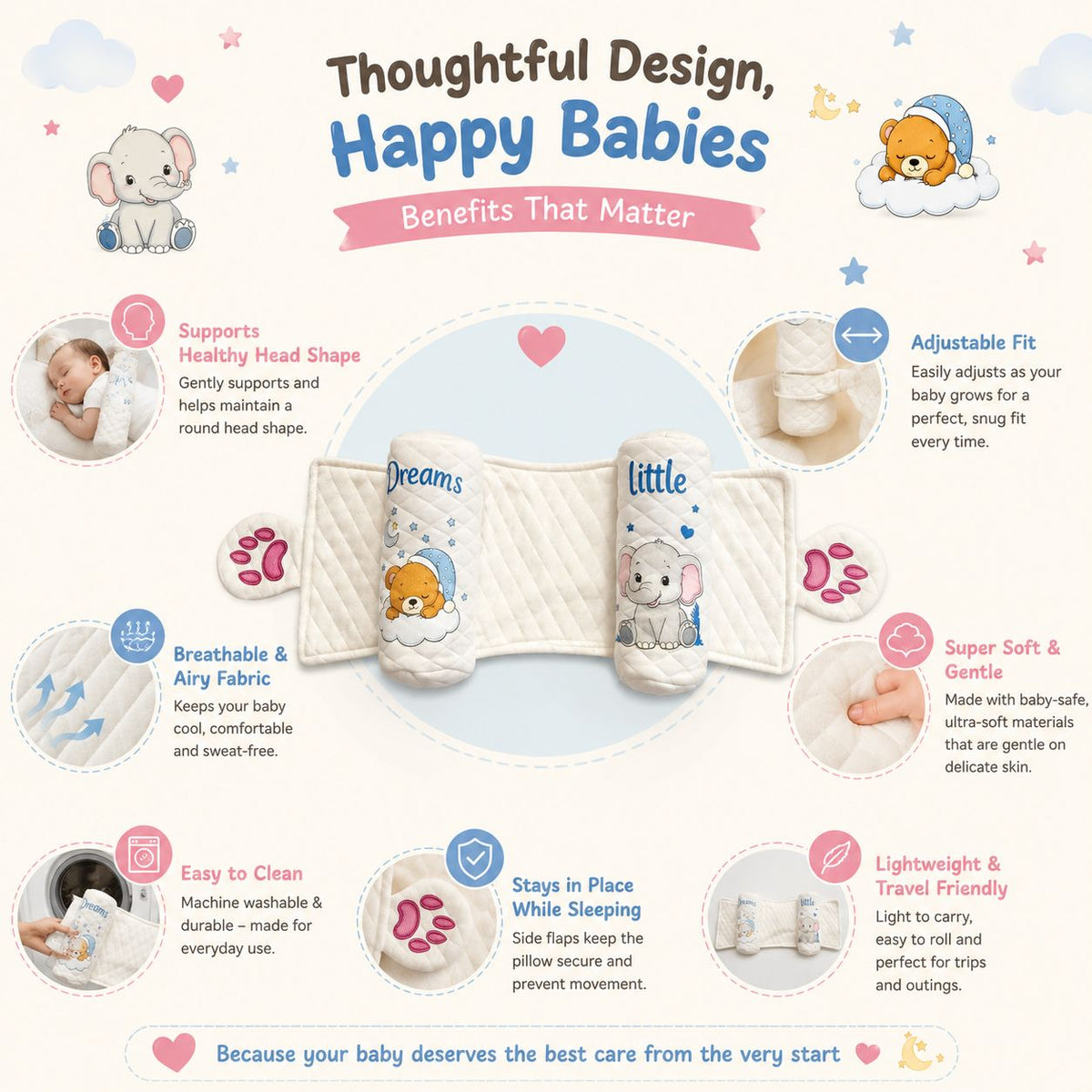 Nestush adjustable baby head pillow displayed with key benefits including healthy head support, adjustable fit, breathable fabric, soft and gentle materials, easy cleaning, secure positioning while sleeping, and lightweight portability