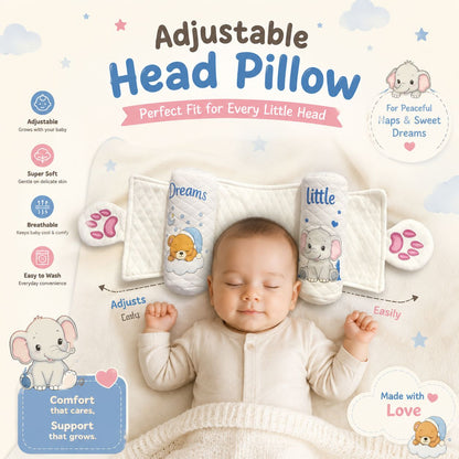 Nestush adjustable baby head pillow displayed with a sleeping baby, showing its adjustable fit, soft and breathable cushioning, easy-to-wash design, and gentle head support for peaceful naps and growing babies
