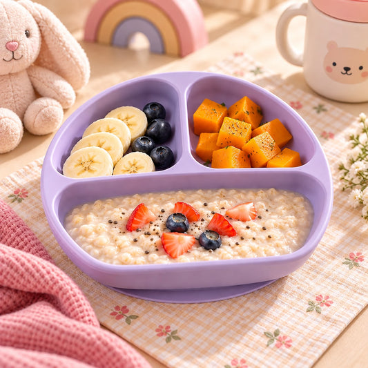 Lavender silicone baby suction plate with three compartments for self-feeding