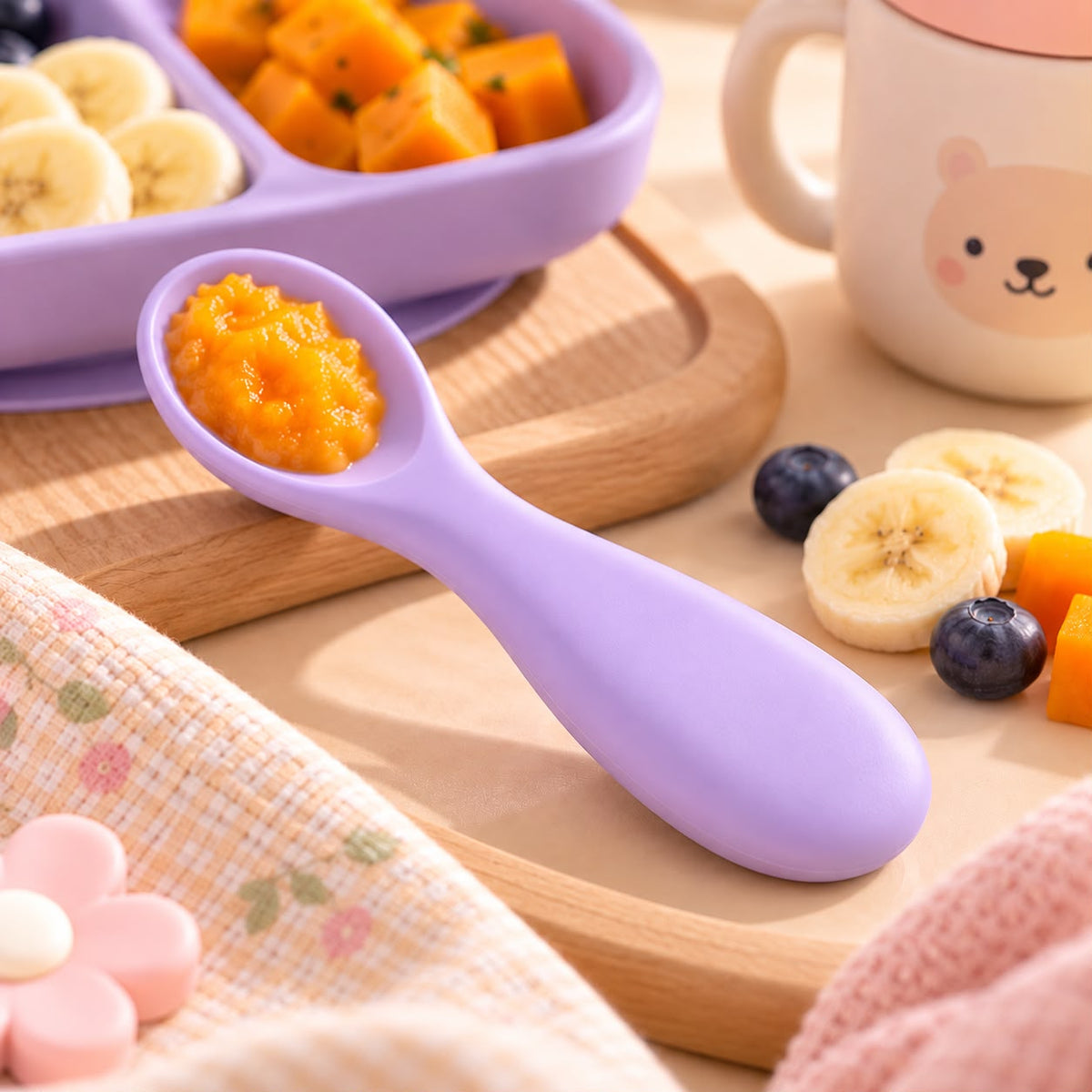 Soft lavender silicone baby spoon designed for gentle gum contact