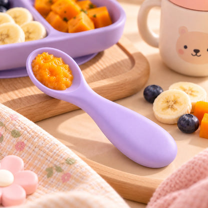 Soft lavender silicone baby spoon designed for gentle gum contact