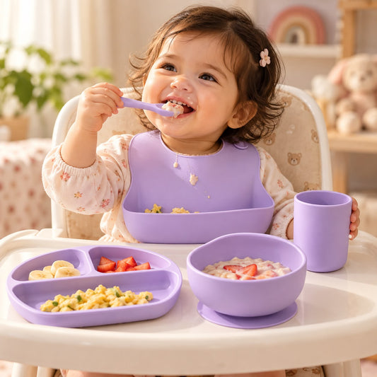 Baby self-feeding with lavender silicone spoon