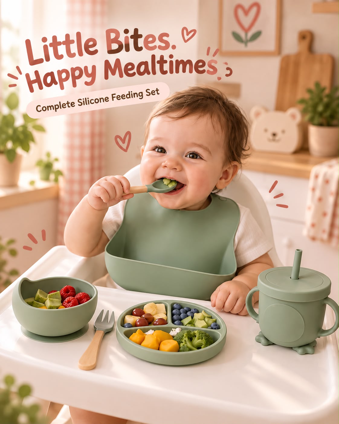 NestBite 6-piece silicone baby feeding set with suction bowl, divided plate, sippy cup, bib, spoon and fork