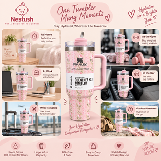 Nestush 40 oz floral tumbler lifestyle collage showing the tumbler used at home, work, gym, in the car, while travelling, and outdoors.