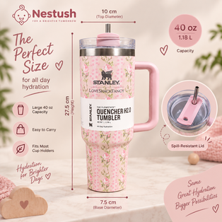 Nestush 40 oz floral tumbler size guide showing approximately 27.5 cm height, 10 cm top diameter, 7.5 cm base diameter, 1.18 L capacity, and straw lid