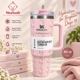 Nestush pink floral 40 oz tumbler with straw and handle displayed in a pastel product advertisement highlighting hydration, capacity, and key features