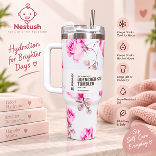 Nestush white floral 40 oz tumbler with pink flowers, straw and handle, displayed in a pastel product advertisement highlighting hydration, capacity and key features.