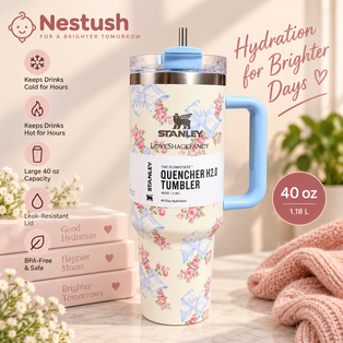 Nestush floral 40 oz tumbler in blue and white floral design with straw, displayed in a pastel product advertisement featuring hydration benefits and 40 oz capacity.
