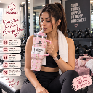 Nestush floral 40 oz tumbler being used by a woman during a gym workout, highlighting convenient hydration during exercise.