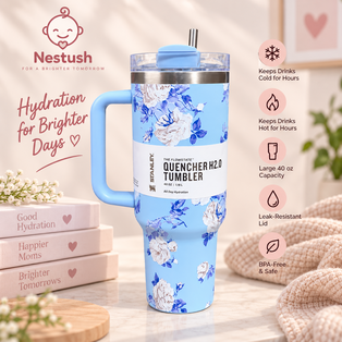 Nestush blue floral 40 oz tumbler with blue handle and straw, featured in a pastel product advertisement highlighting hydration, temperature retention, leak resistance, and BPA-free design
