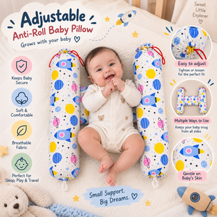 Adjustable anti-roll baby pillow with a happy baby, showing adjustable support, soft breathable fabric, and compact design for sleep, play, and travel