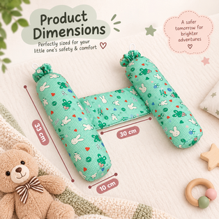 Product dimensions graphic showing the adjustable baby pillow in a U-shaped design, with measurements of 33 cm length, 30 cm width, and 10 cm height