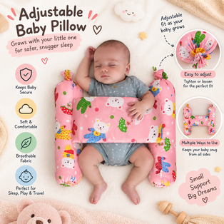 Adjustable baby pillow with a sleeping baby, featuring soft supportive sides, adjustable fit, breathable fabric, and a colorful child-friendly design.