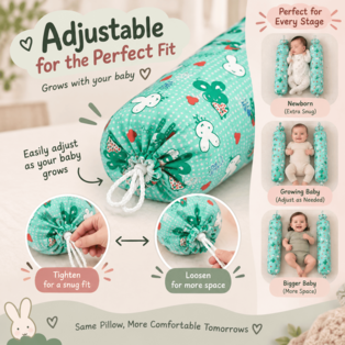 Adjustable baby pillow demonstrating its adjustable fit for different baby growth stages, with close-up views of the drawstring adjustment and multiple baby-size examples