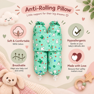 Anti-rolling baby pillow featuring a soft, breathable cotton design, hypoallergenic material, and supportive side cushions for comfortable baby sleep