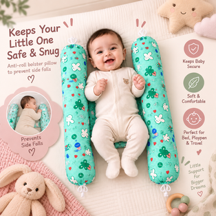 Adjustable anti-rolling baby pillow with a smiling baby lying comfortably between soft side supports, highlighting a snug design for added support and comfort