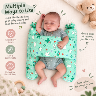 Multiple ways to use an adjustable anti-rolling baby pillow, showing a sleeping baby comfortably supported by the soft side cushions and central padded section