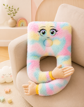  Baby peacefully sleeping in the soft pastel rainbow Mom’s Hug Pillow, with the pillow’s plush arms gently wrapped around them.