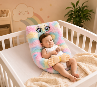  Baby peacefully sleeping in the soft pastel rainbow Mom’s Hug Pillow, with the pillow’s plush arms gently wrapped around them.