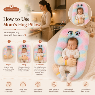  Step-by-step guide showing how to use the Mom’s Hug Pillow by adjusting it around the baby for a cozy and comfortable hug.