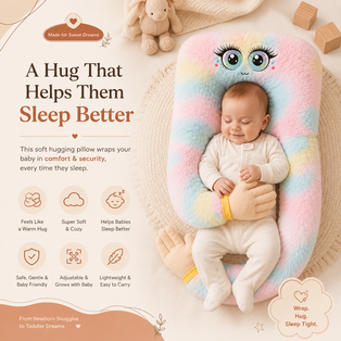 by sleeping comfortably inside the pastel rainbow Mom’s Hug Pillow, designed to provide a soft, comforting hug during rest.