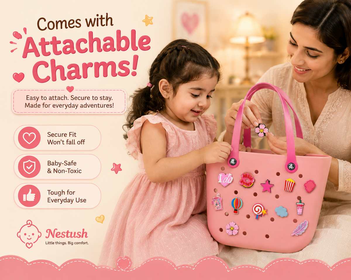 Mother and daughter personalizing NestVibe Big pink silicone tote bag with interchangeable charms