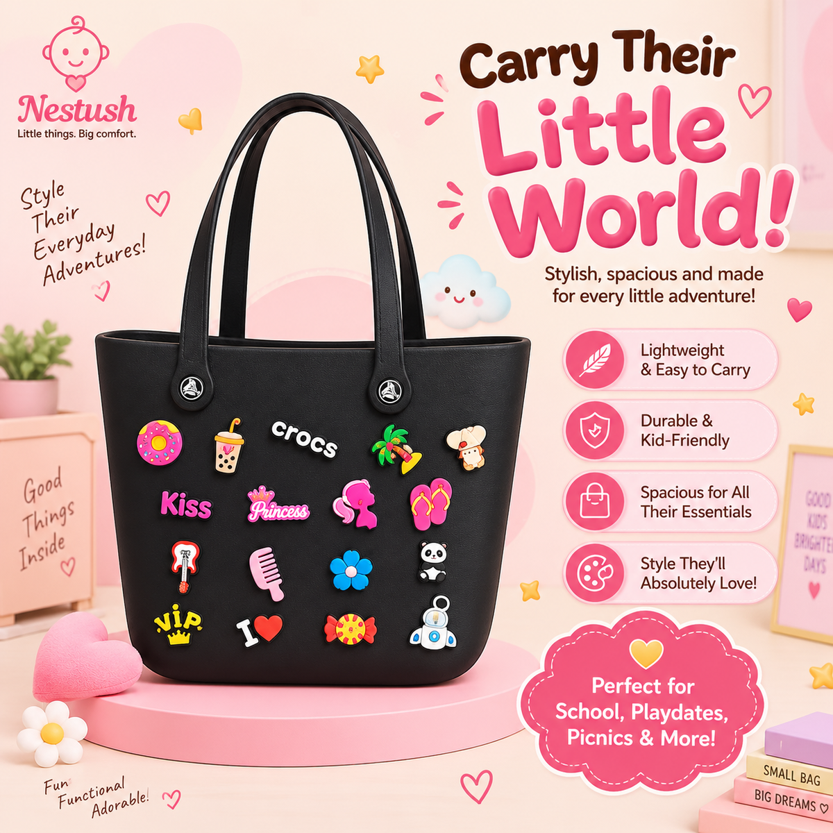 NestVibe Big black silicone jelly Crocs tote bag with colorful interchangeable charms