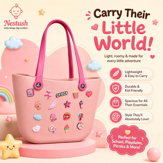   NestVibe Big pink silicone jelly Crocs tote bag with original charms
2. Carry handles image