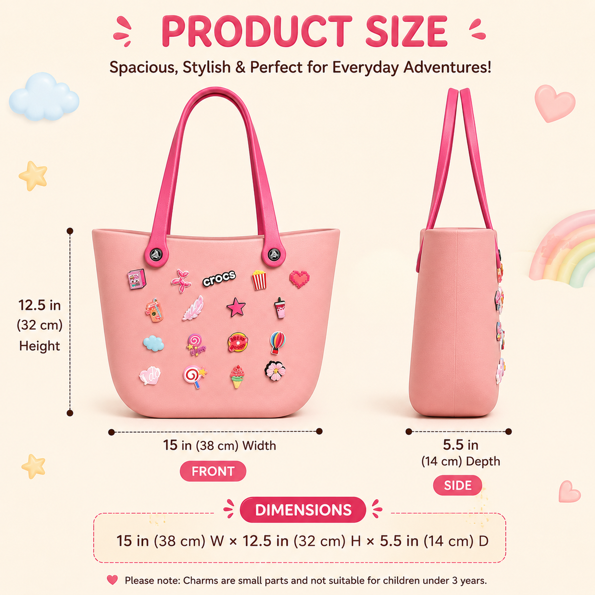 NestVibe Big large silicone jelly tote bag showing 15 inch width, 12.5 inch height and 5.5 inch depth