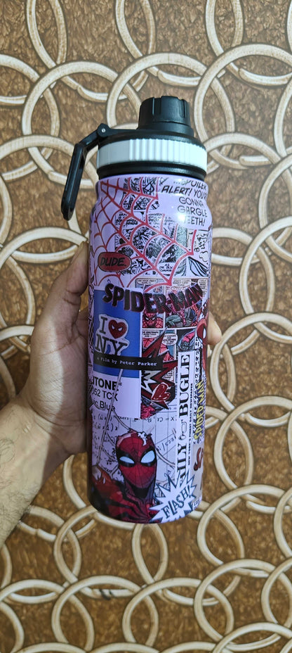Hand holding a Nestspidy 800ML insulated water bottle with a Spider-Man comic print design