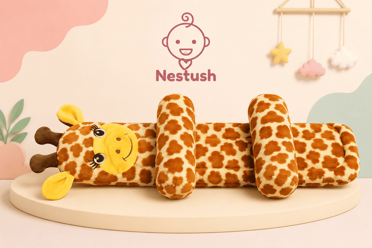 Nestush giraffe-shaped baby support pillow displayed horizontally on a soft pastel platform, featuring plush giraffe-print fabric, padded side supports, a friendly giraffe face, and a cute nursery-inspired background