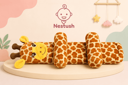 Nestush giraffe-shaped baby support pillow displayed horizontally on a soft pastel platform, featuring plush giraffe-print fabric, padded side supports, a friendly giraffe face, and a cute nursery-inspired background