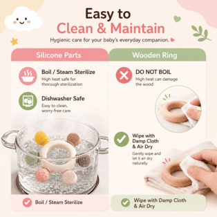 Easy to Clean & Maintain infographic showing separate cleaning instructions for silicone parts and the natural wooden ring, including sterilization, dishwasher-safe care, and damp-cloth air-drying guidance