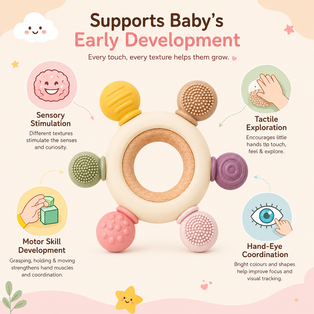Supports Baby’s Early Development infographic featuring the Nestush baby teething ring, highlighting sensory stimulation, tactile exploration, motor skill development, and hand-eye coordination