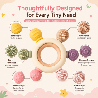 Thoughtfully Designed for Every Tiny Need infographic featuring the Nestush baby teething ring with multiple textured surfaces, including soft ridges, firm beads, firm nubs, circular grooves, small bumps, and soft bumps