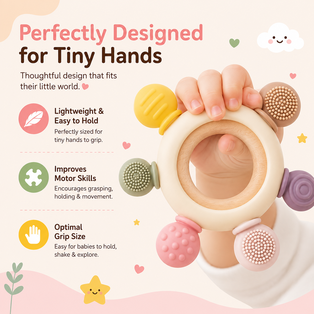 Perfectly Designed for Tiny Hands infographic featuring the Nestush baby teething ring, highlighting its lightweight design, easy grip, and support for developing motor skills