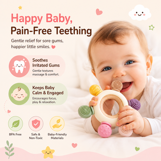 Happy Baby, Pain-Free Teething infographic featuring a baby using the Nestush teething ring, highlighting gentle gum relief, keeping baby calm and engaged, and baby-friendly features