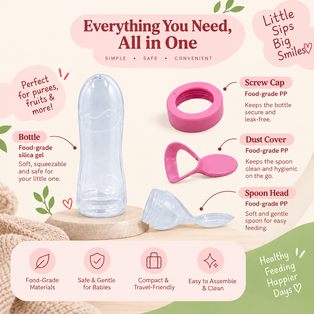 Nest-Feed feeding bottle components showing the bottle, screw cap, dust cover and spoon head with food-grade materials