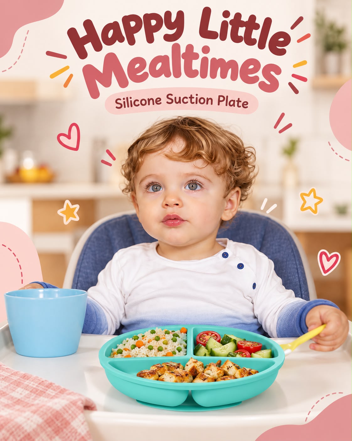 Toddler eating rice, veggies and paneer from NestGrip teal silicone suction plate on a high chair tray