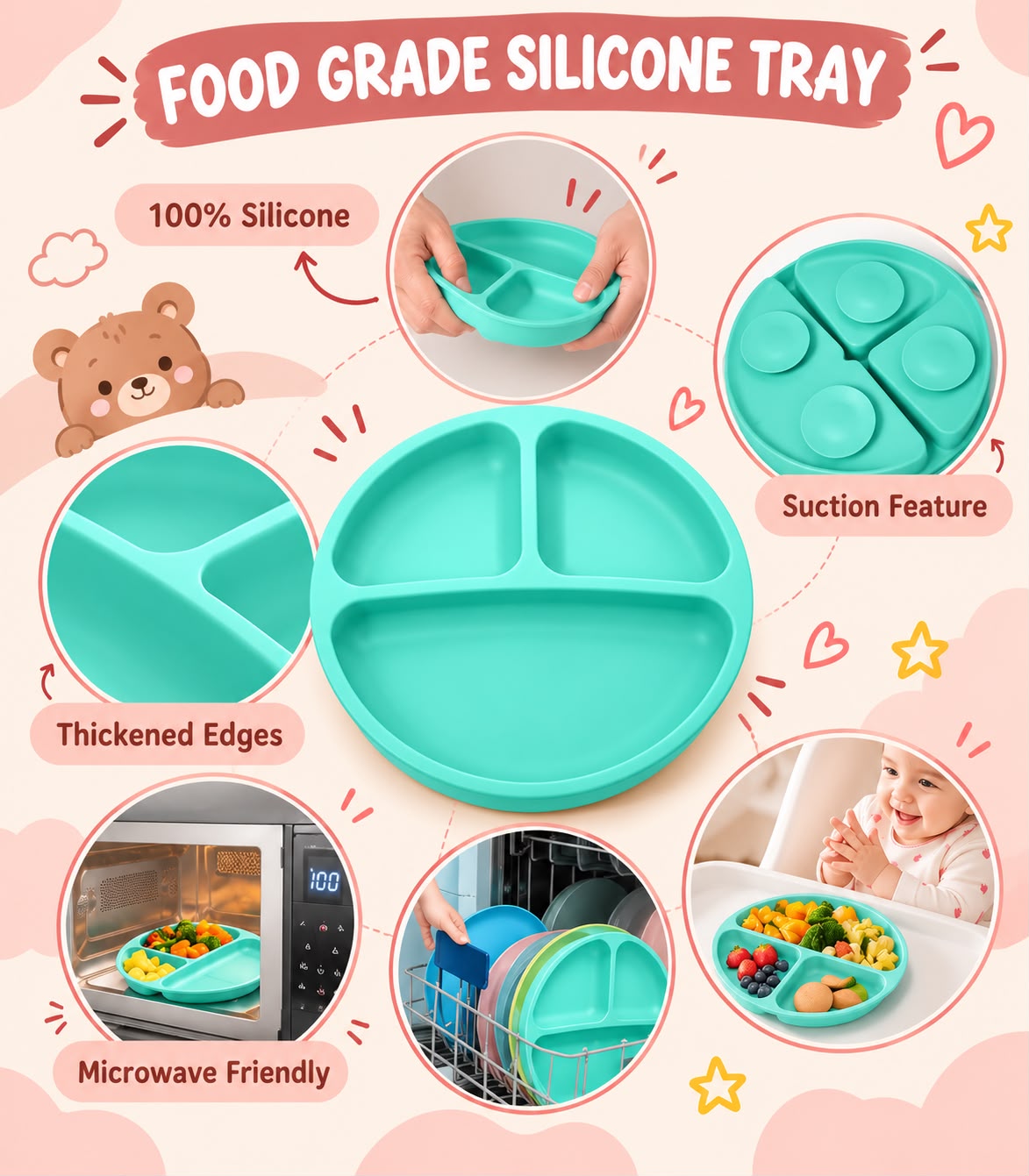 NestGrip food-grade silicone baby plate features: 100% silicone, thickened edges, 4 suction cups and microwave friendly design