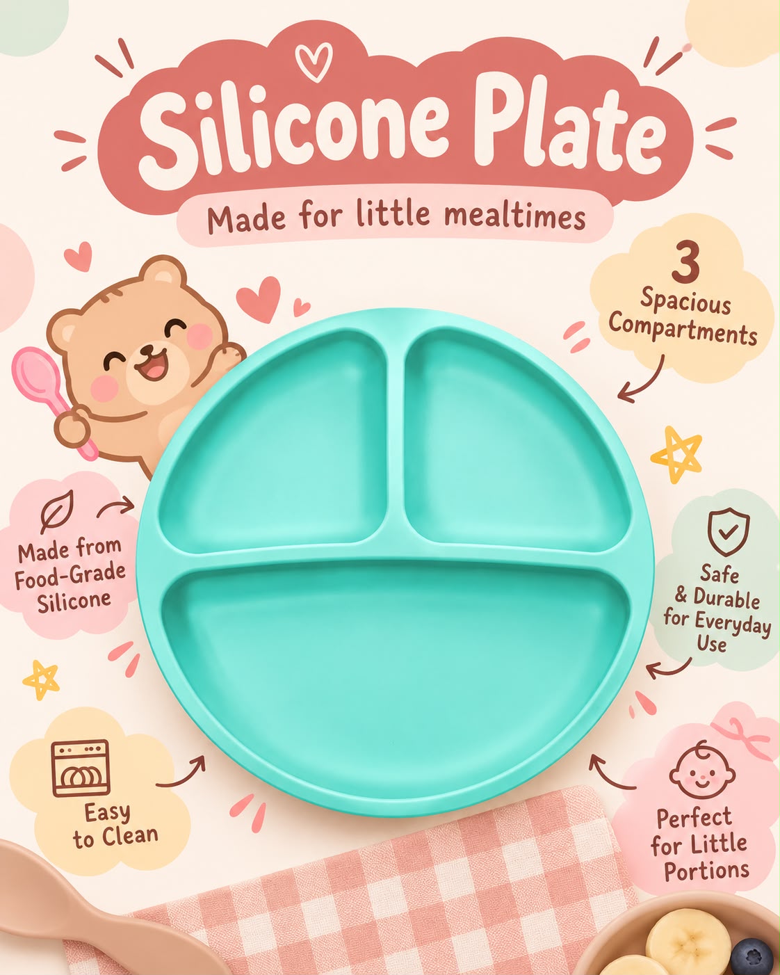 Top view of NestGrip teal silicone baby plate with 3 spacious compartments, made from food-grade silicone for little mealtimes