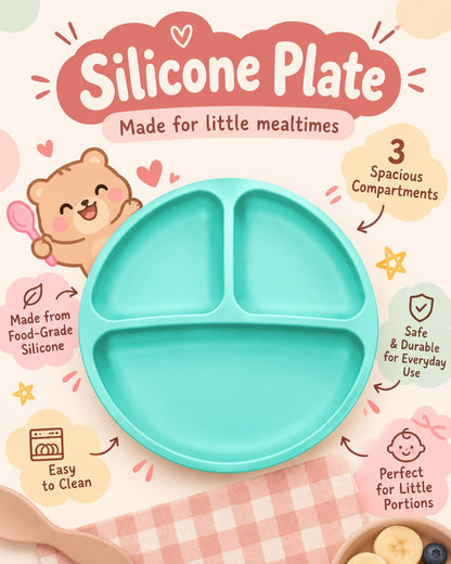 Top view of NestGrip teal silicone baby plate with 3 spacious compartments, made from food-grade silicone for little mealtimes