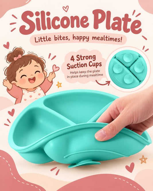 NestGrip teal silicone 3-section baby suction plate held in hand showing flexible silicone and 4 strong suction cups on the base, by Nestush