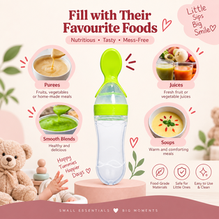 Nest-Feed squeezy feeding bottle filled with green puree, surrounded by examples of purees, juices, smooth blends and soups