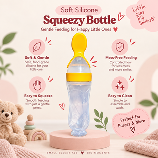 est-Feed yellow squeezy feeding bottle highlighting soft silicone, easy squeezing, mess-free feeding and easy cleaning