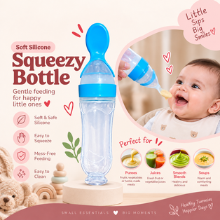 Nest-Feed blue soft silicone squeezy feeding bottle with spoon tip and food options including purees, juices, smooth blends and soups