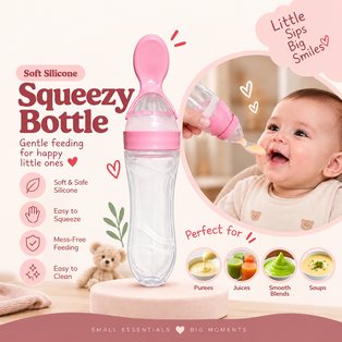 Nest-Feed pink soft silicone squeezy feeding bottle with spoon tip for gentle, mess-free baby feeding
