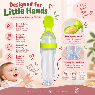 Baby feeding squeeze spoon bottle with soft silicone spoon head and strong suction base, designed for easy, mess-free feeding.